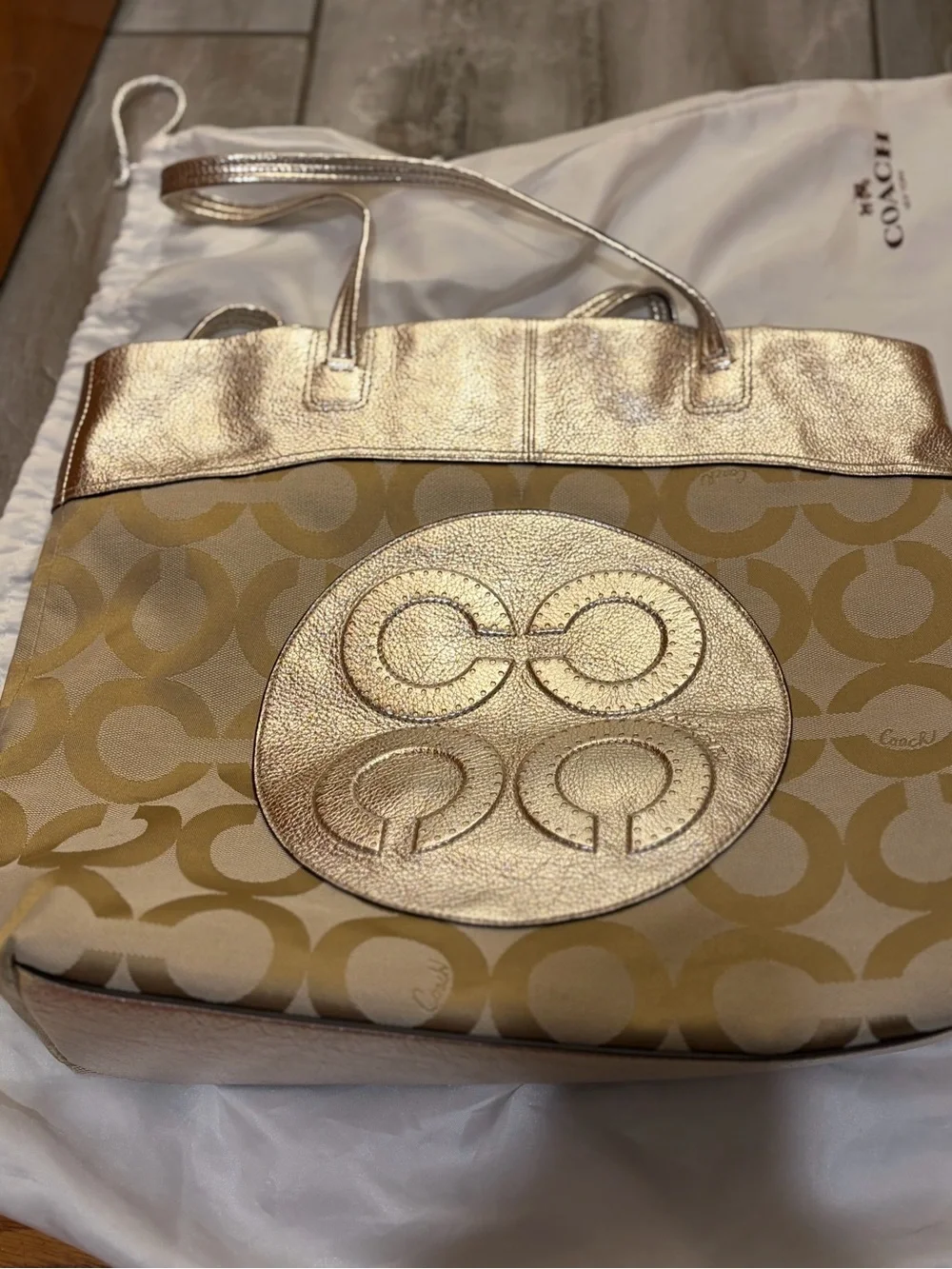 Coach Metallic Gold and Tan Signature Tote with Matching Wallet & Card Case